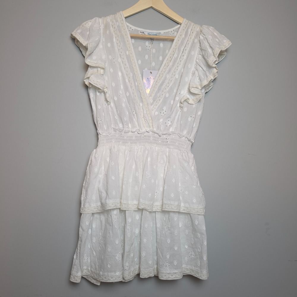 Blue Island White Ruffled Mini Dress Summer Sundress Beach Cover Large